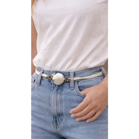 Vintage Artisan Boho Belt Concho Floral Mixed Metal White Cord Adjustable